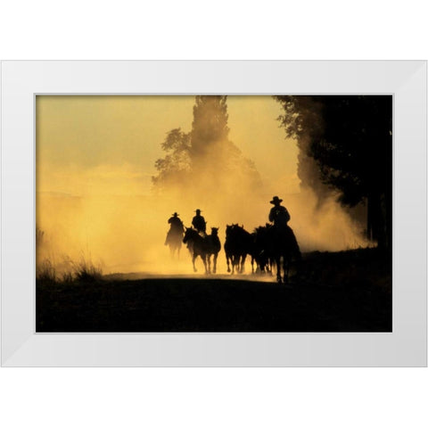 OR, Burns Cowboys driving wild horses on a road White Modern Wood Framed Art Print by Terrill, Steve