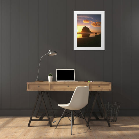 OR, Cannon Beach Couple by Haystack Rock, sunset White Modern Wood Framed Art Print by Terrill, Steve