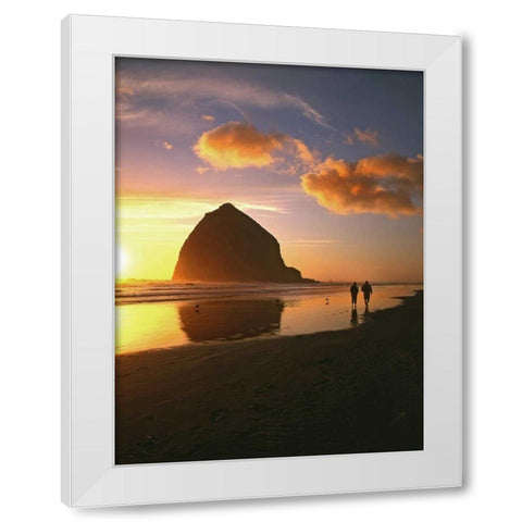 OR, Cannon Beach Couple by Haystack Rock, sunset White Modern Wood Framed Art Print by Terrill, Steve