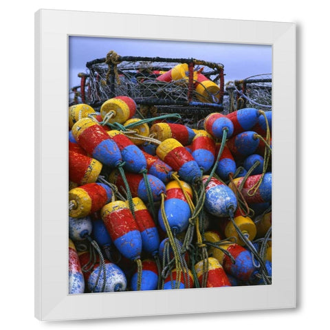 Oregon, Newport Crab rings and floats on dock White Modern Wood Framed Art Print by Terrill, Steve