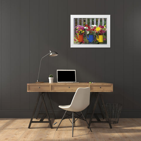 OR, Portland Antique coffeepots with flowers White Modern Wood Framed Art Print by Terrill, Steve