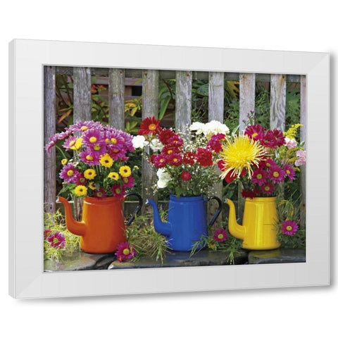 OR, Portland Antique coffeepots with flowers White Modern Wood Framed Art Print by Terrill, Steve