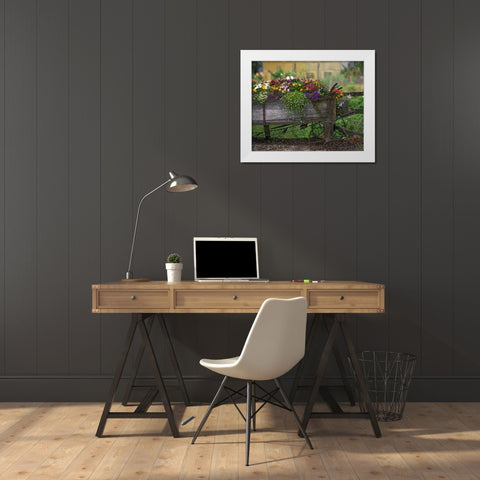 OR, Portland Farm spreader filled with flowers White Modern Wood Framed Art Print by Terrill, Steve