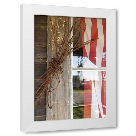 OR, Shaniko Flag in window next to barbed wire White Modern Wood Framed Art Print by Ross, Nancy ,  Steve