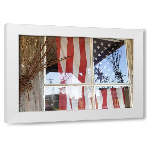 OR, Shaniko Flag in window next to barbed wire White Modern Wood Framed Art Print by Ross, Nancy ,  Steve