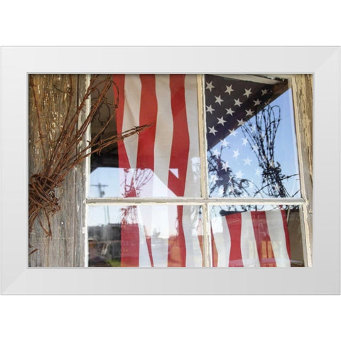 OR, Shaniko Flag in window next to barbed wire White Modern Wood Framed Art Print by Ross, Nancy ,  Steve