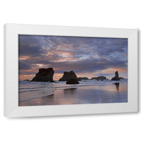 OR, Bandon Sunset over seastacks on ocean beach White Modern Wood Framed Art Print by Paulson, Don