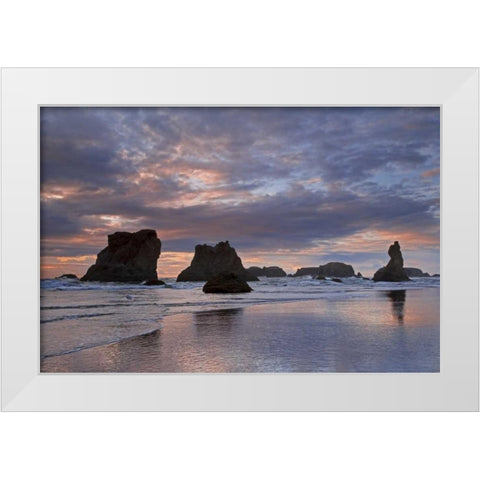 OR, Bandon Sunset over seastacks on ocean beach White Modern Wood Framed Art Print by Paulson, Don