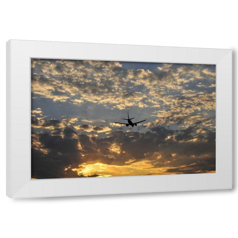 OR, Portland Airplane approaching landing White Modern Wood Framed Art Print by Terrill, Steve