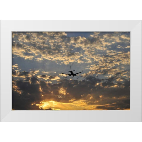 OR, Portland Airplane approaching landing White Modern Wood Framed Art Print by Terrill, Steve