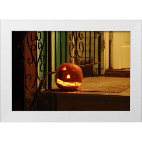 OR, Portland Lighted jack-o-lantern on porch White Modern Wood Framed Art Print by Terrill, Steve