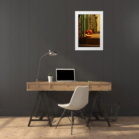 OR, Portland Lighted jack-o-lantern on porch White Modern Wood Framed Art Print by Terrill, Steve
