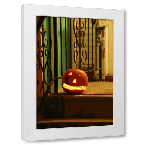 OR, Portland Lighted jack-o-lantern on porch White Modern Wood Framed Art Print by Terrill, Steve