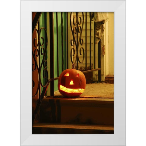 OR, Portland Lighted jack-o-lantern on porch White Modern Wood Framed Art Print by Terrill, Steve