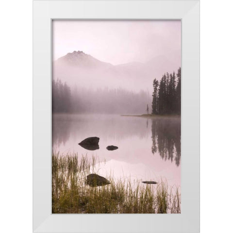 OR, Willamette NF Foggy sunrise on Scott Lake White Modern Wood Framed Art Print by Paulson, Don