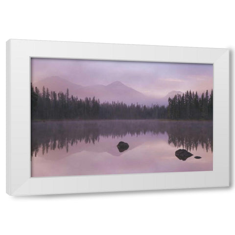 OR, Willamette NF Foggy sunrise on Scott Lake White Modern Wood Framed Art Print by Paulson, Don