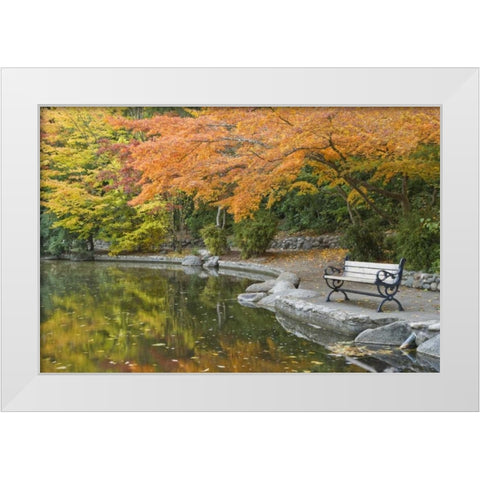 OR, Lithia Park Walkway bench next to pond White Modern Wood Framed Art Print by Paulson, Don