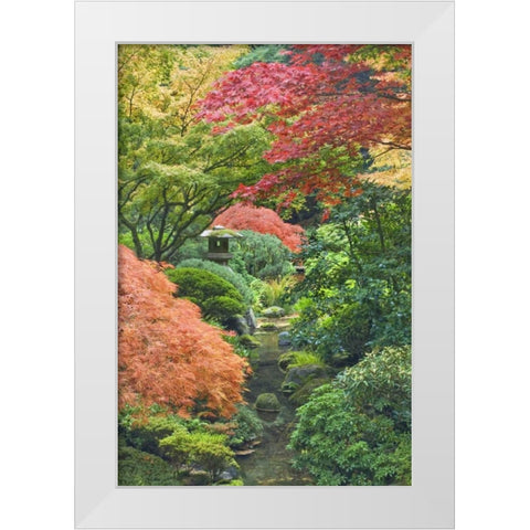 Oregon, Portland Stone tower and pond White Modern Wood Framed Art Print by Paulson, Don