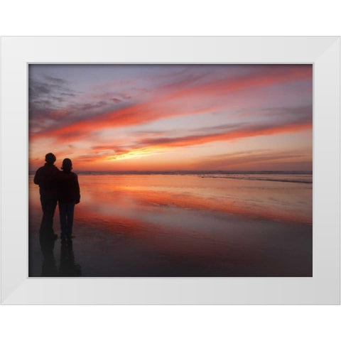 Oregon, Cannon Beach Couple on beach at sunset White Modern Wood Framed Art Print by Paulson, Don