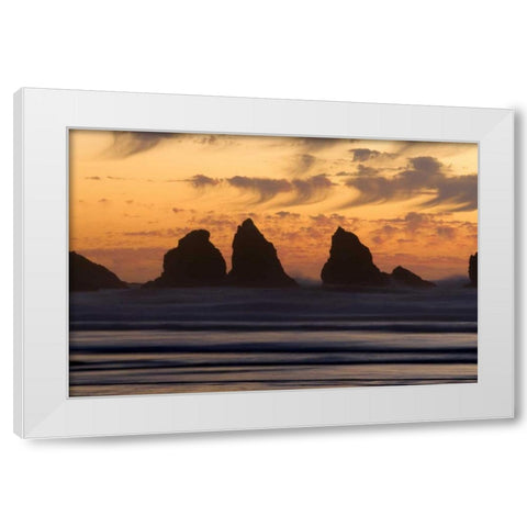 OR, Bandon Sunset silhouette of the sea stacks White Modern Wood Framed Art Print by Kaveney, Wendy