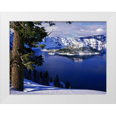 OR, Crater Lake NP View of snowy lake and island White Modern Wood Framed Art Print by Flaherty, Dennis