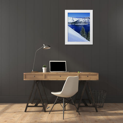 OR, Crater Lake NP Wizard Island in Crater Lake White Modern Wood Framed Art Print by Flaherty, Dennis