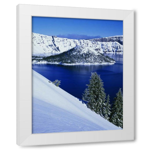 OR, Crater Lake NP Wizard Island in Crater Lake White Modern Wood Framed Art Print by Flaherty, Dennis