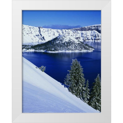 OR, Crater Lake NP Wizard Island in Crater Lake White Modern Wood Framed Art Print by Flaherty, Dennis