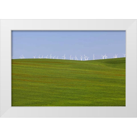 OR, Wasco Wind turbines on verdant farm field White Modern Wood Framed Art Print by Paulson, Don