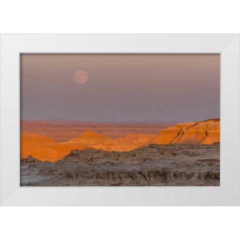 SD, Badlands NP Moonrise over rugged landscape White Modern Wood Framed Art Print by Illg, Cathy and Gordon