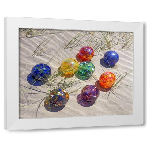 USA, Oregon Colorful glass floats on sand dune White Modern Wood Framed Art Print by Terrill, Steve
