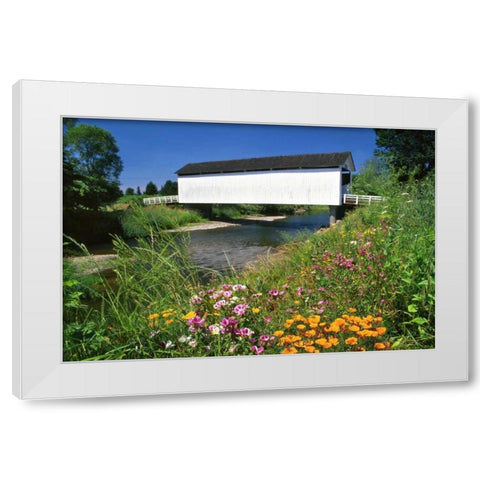 OR, Gallon House covered bridge over Abiqua Creek White Modern Wood Framed Art Print by Terrill, Steve