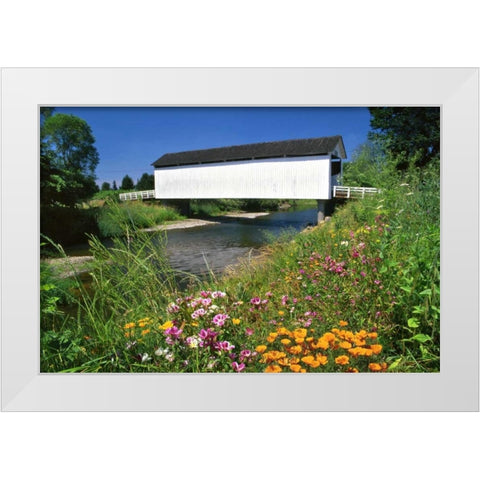 OR, Gallon House covered bridge over Abiqua Creek White Modern Wood Framed Art Print by Terrill, Steve