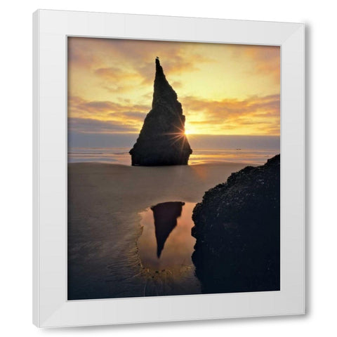 Oregon Rock formation at sunset on Bandon Beach White Modern Wood Framed Art Print by Terrill, Steve