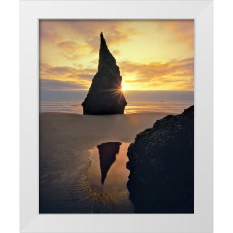 Oregon Rock formation at sunset on Bandon Beach White Modern Wood Framed Art Print by Terrill, Steve