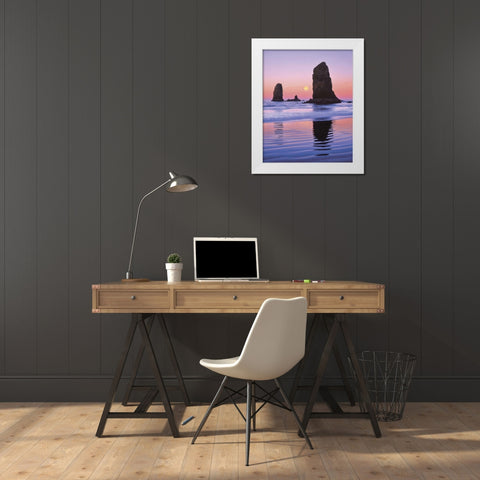 OR, Cannon Beach Moonset at The Needles monolith White Modern Wood Framed Art Print by Terrill, Steve