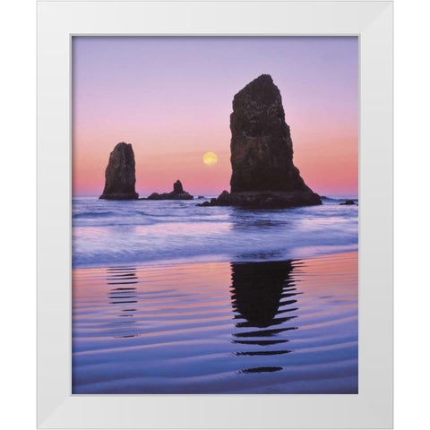 OR, Cannon Beach Moonset at The Needles monolith White Modern Wood Framed Art Print by Terrill, Steve