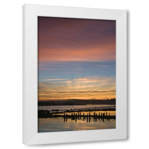 OR, Bandon Sunrise God rays over harbor White Modern Wood Framed Art Print by Rotenberg, Nancy