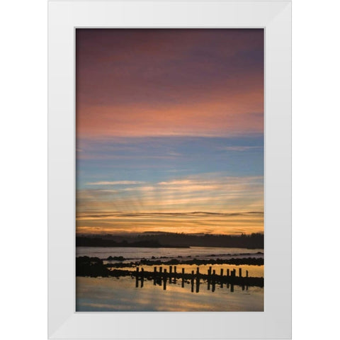 OR, Bandon Sunrise God rays over harbor White Modern Wood Framed Art Print by Rotenberg, Nancy
