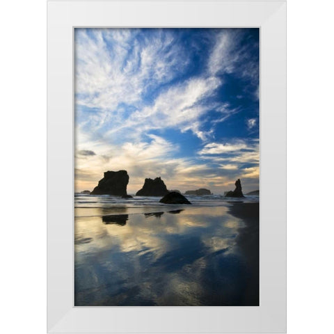 USA, Oregon, Bandon Beach Sea stacks at twilight White Modern Wood Framed Art Print by Rotenberg, Nancy