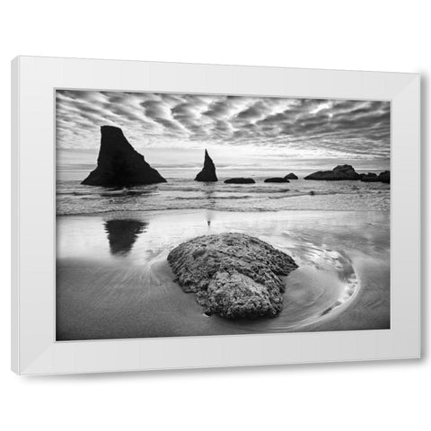 USA, Oregon, Bandon Beach Sunset on sea stacks White Modern Wood Framed Art Print by Flaherty, Dennis