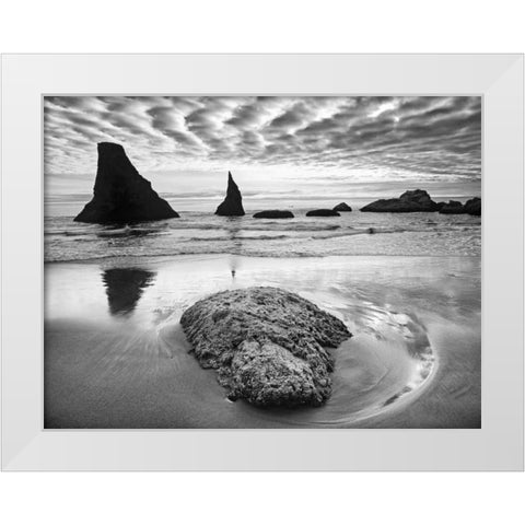 USA, Oregon, Bandon Beach Sunset on sea stacks White Modern Wood Framed Art Print by Flaherty, Dennis