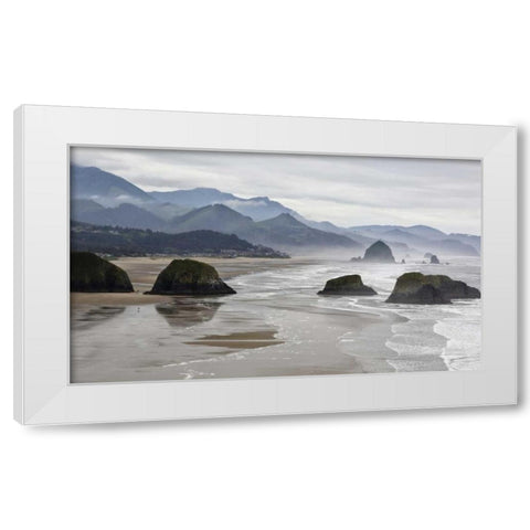 Oregon, Cannon Beach Fog rises over coastline White Modern Wood Framed Art Print by Carter, Jean