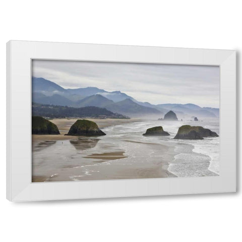 Oregon, Cannon Beach Fog rises over coastline White Modern Wood Framed Art Print by Carter, Jean
