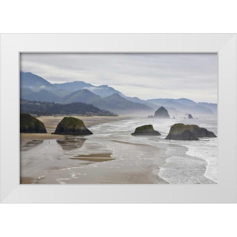 Oregon, Cannon Beach Fog rises over coastline White Modern Wood Framed Art Print by Carter, Jean
