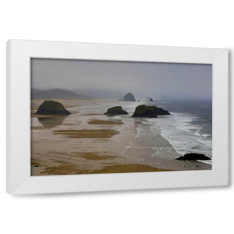 OR, Cannon Beach Foggy morning on coastline White Modern Wood Framed Art Print by Carter, Jean
