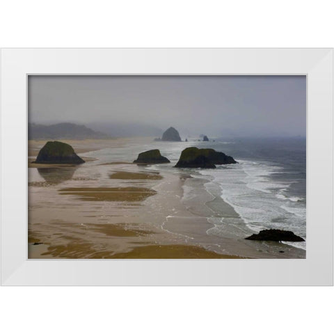 OR, Cannon Beach Foggy morning on coastline White Modern Wood Framed Art Print by Carter, Jean