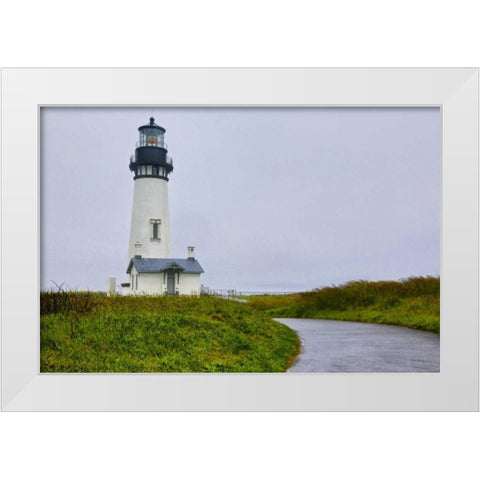 USA, Oregon Yaquina Head Lighthouse on foggy day White Modern Wood Framed Art Print by Carter, Jean