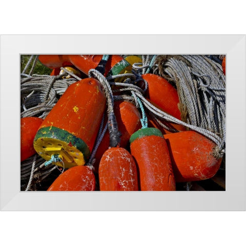 USA, Oregon, Garibaldi Colorful crab pot buoys White Modern Wood Framed Art Print by Carter, Jean