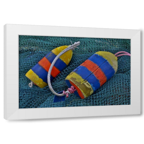 Oregon, Garibaldi Blue fishing nets with buoys White Modern Wood Framed Art Print by Carter, Jean